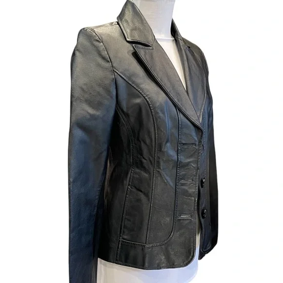 VTG  Guess Womens Sz M Black Leather 3 Button Front Blazer/Jacket Y2K Timeless - Picture 3 of 12